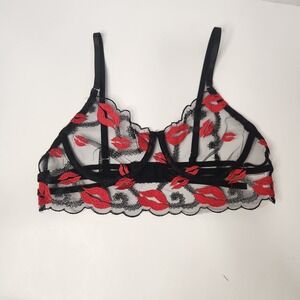 Black Sheer Embroidered‎ Bra Womens Size Small Lip Pattern